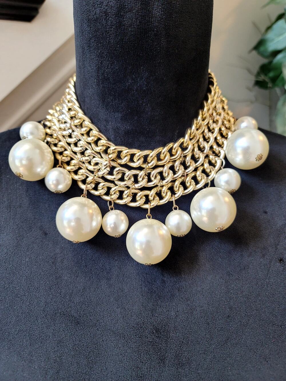 Vintage Gold Tone Multi Strand Faux Pearl Drop Statement Bib Necklace Collar